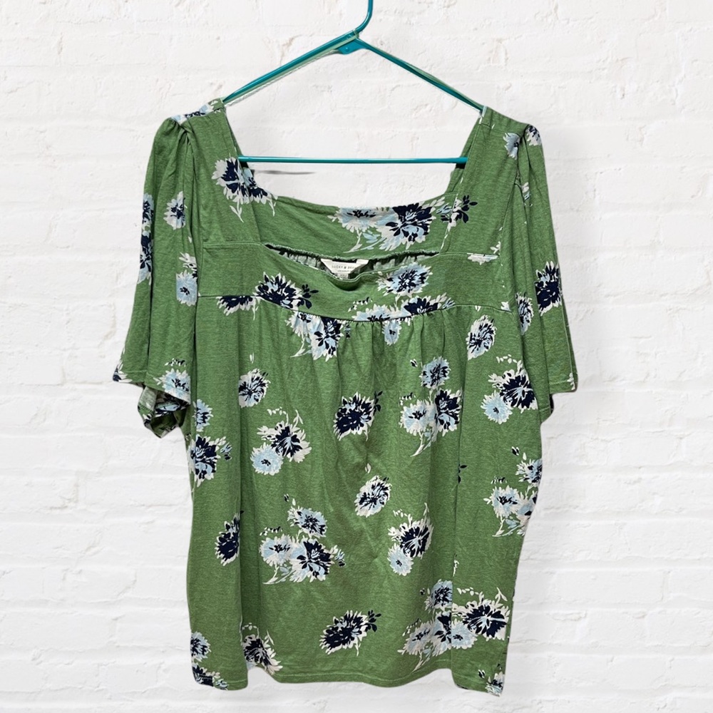 Lucky Brand Square Neck Floral Knit Top Green XXL